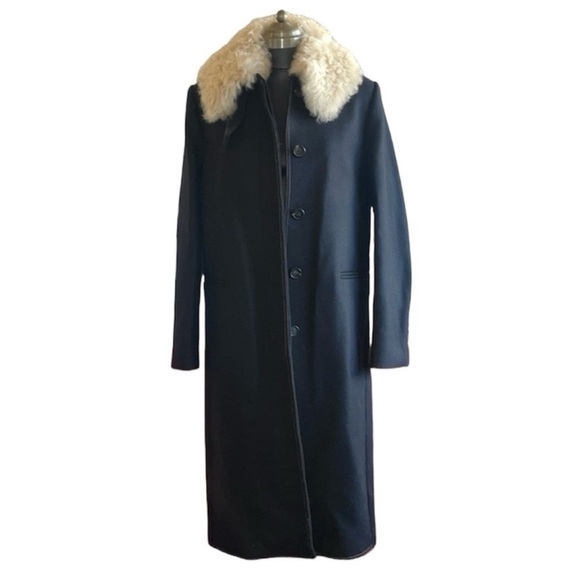Helmut lang Black Coat with Cream Fur Collar wool blend trench coat brown thread - Picture 1 of 16